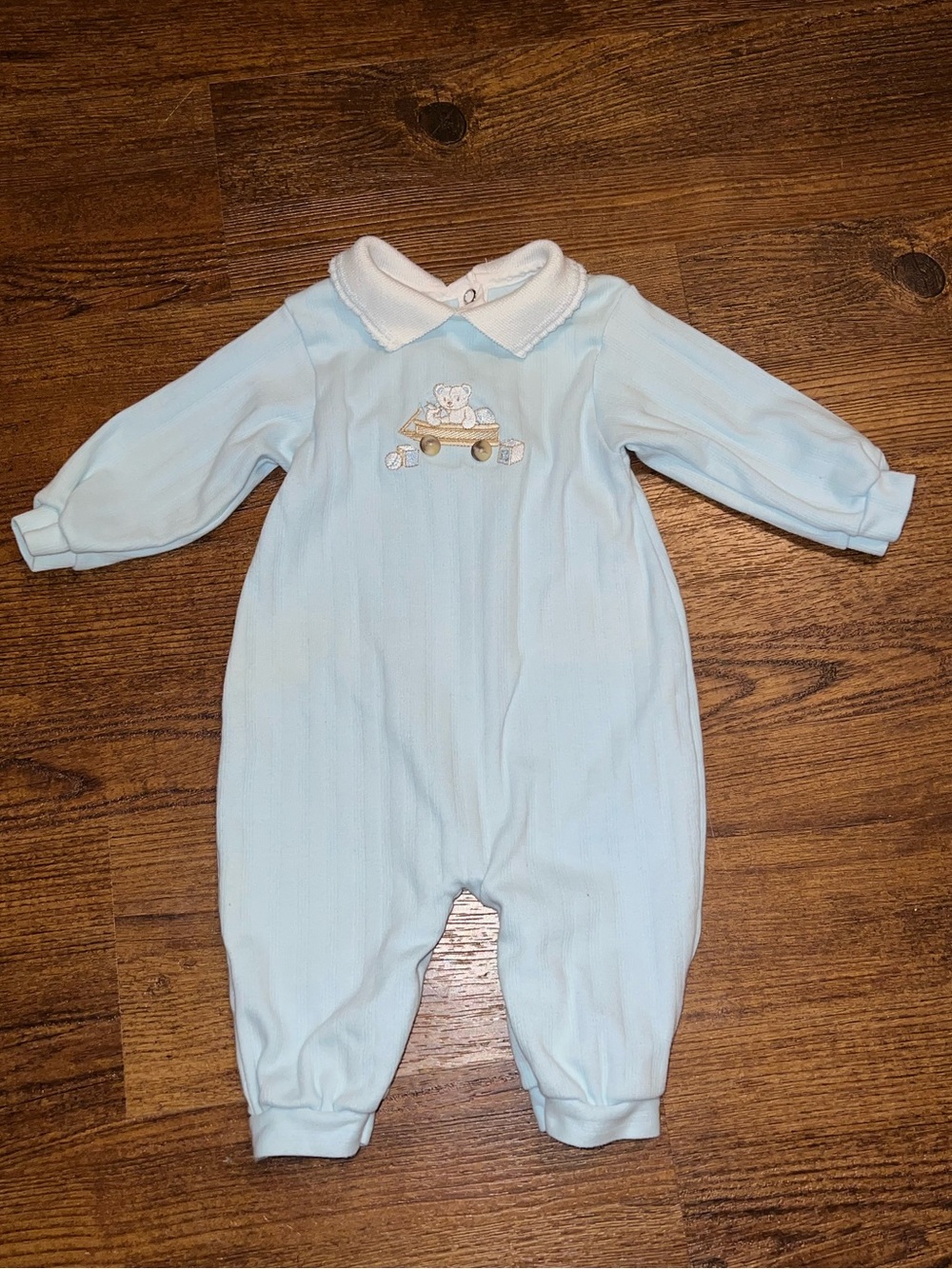 Vintage Carters Classic Powder Blue Teddy Bear Wagon Collared Onesie Size 3-6M